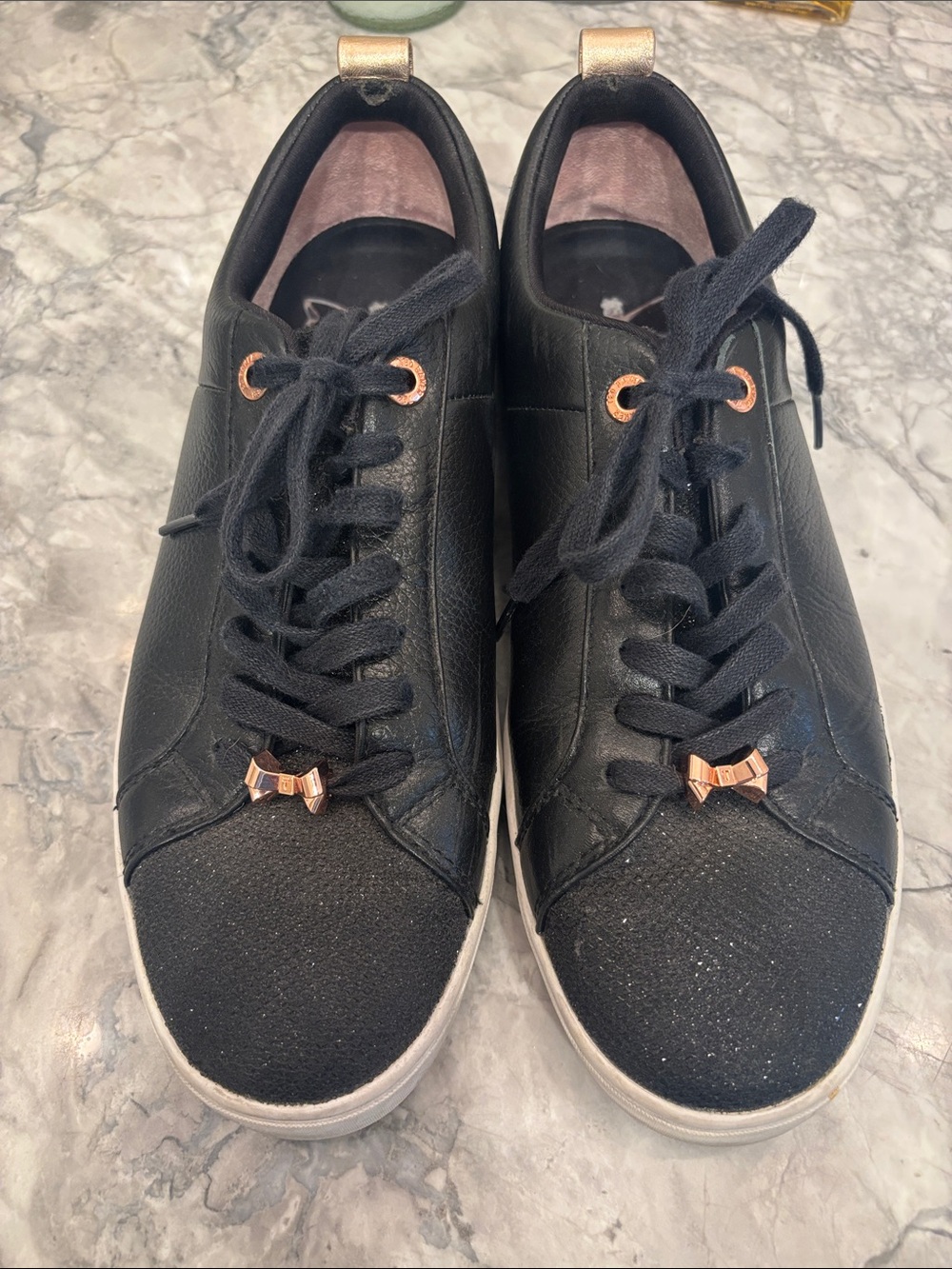 Ted Baker Kulei Women's Black Leather Glitter Sneakers Rose Gold Bow Sz 10